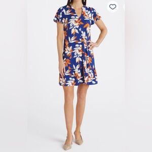 Blue and White Flutter Sleeve V-Neck Sundress